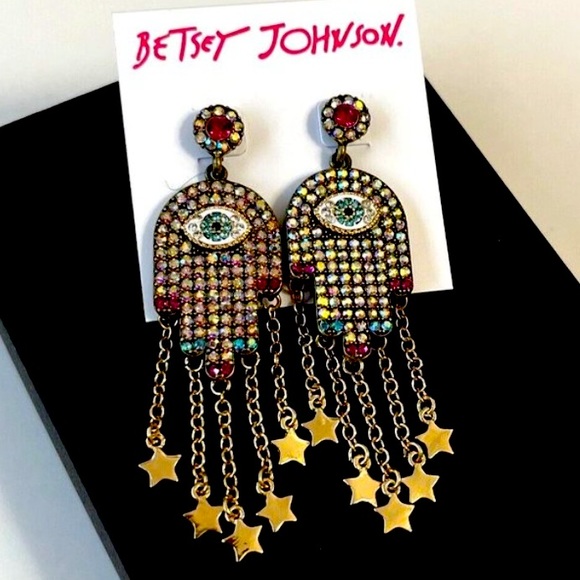 New Betsey Johnson Pavé Hamsa Hand Drop Earrings - Picture 8 of 9